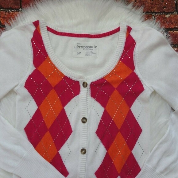 💰3/$25 Aeropostale Sweater Cardigan Argyle Pattern Preppy Button-Up LS S - Picture 5 of 9
